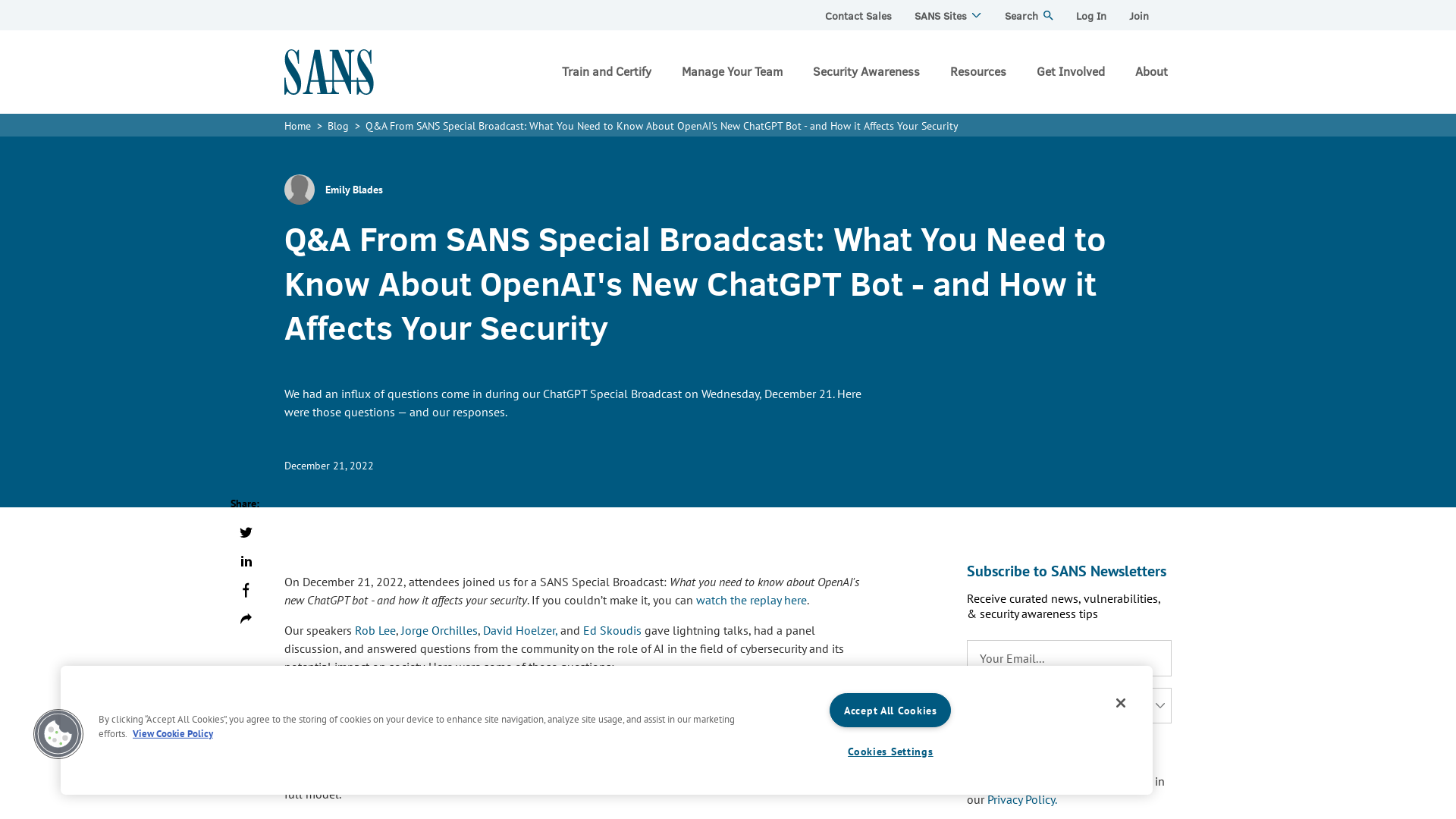 Q&A From SANS Special Broadcast: What You Need to Know About OpenAI's New ChatGPT Bot - and How it Affects Your Security