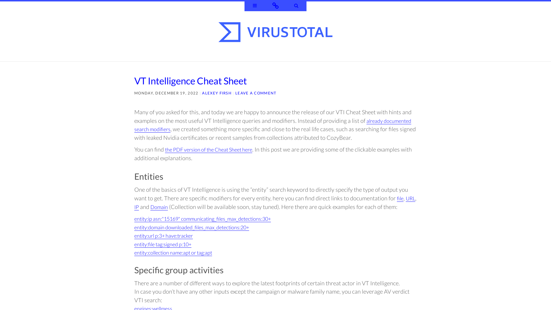VT Intelligence Cheat Sheet ~ VirusTotal Blog